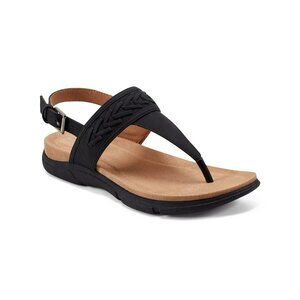 Easy Spirit Monte Woven T-Strap Faux Leather Flat Sandals Black Size 8.5W
